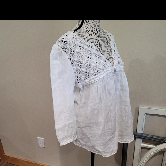 MALVIN I Love Linen Women SZ Sm. 100% linen crochet boho pearl button Peasant - Picture 2 of 11